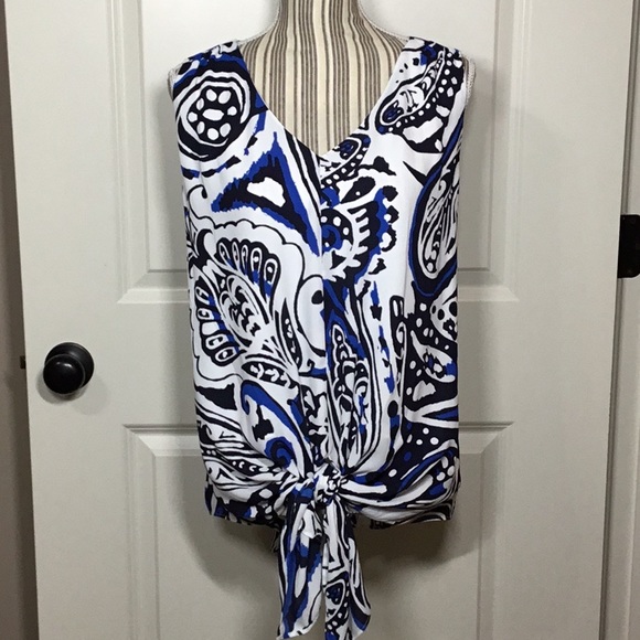 Chico's Tops - Chico’s Paisley Crepe Tie-Front Tank, White/Black/Blue, 3